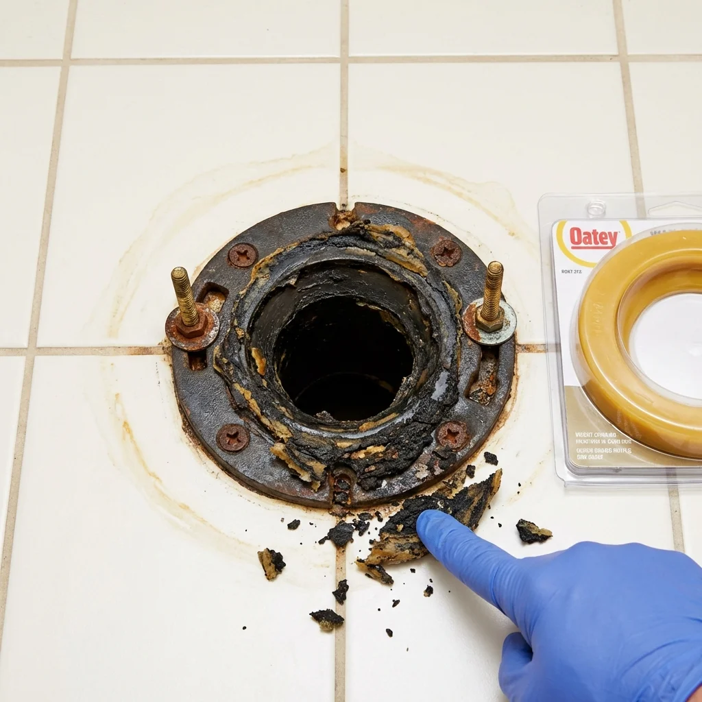 Failed wax ring showing water seepage at the base of a toilet in a Independence, OH home
