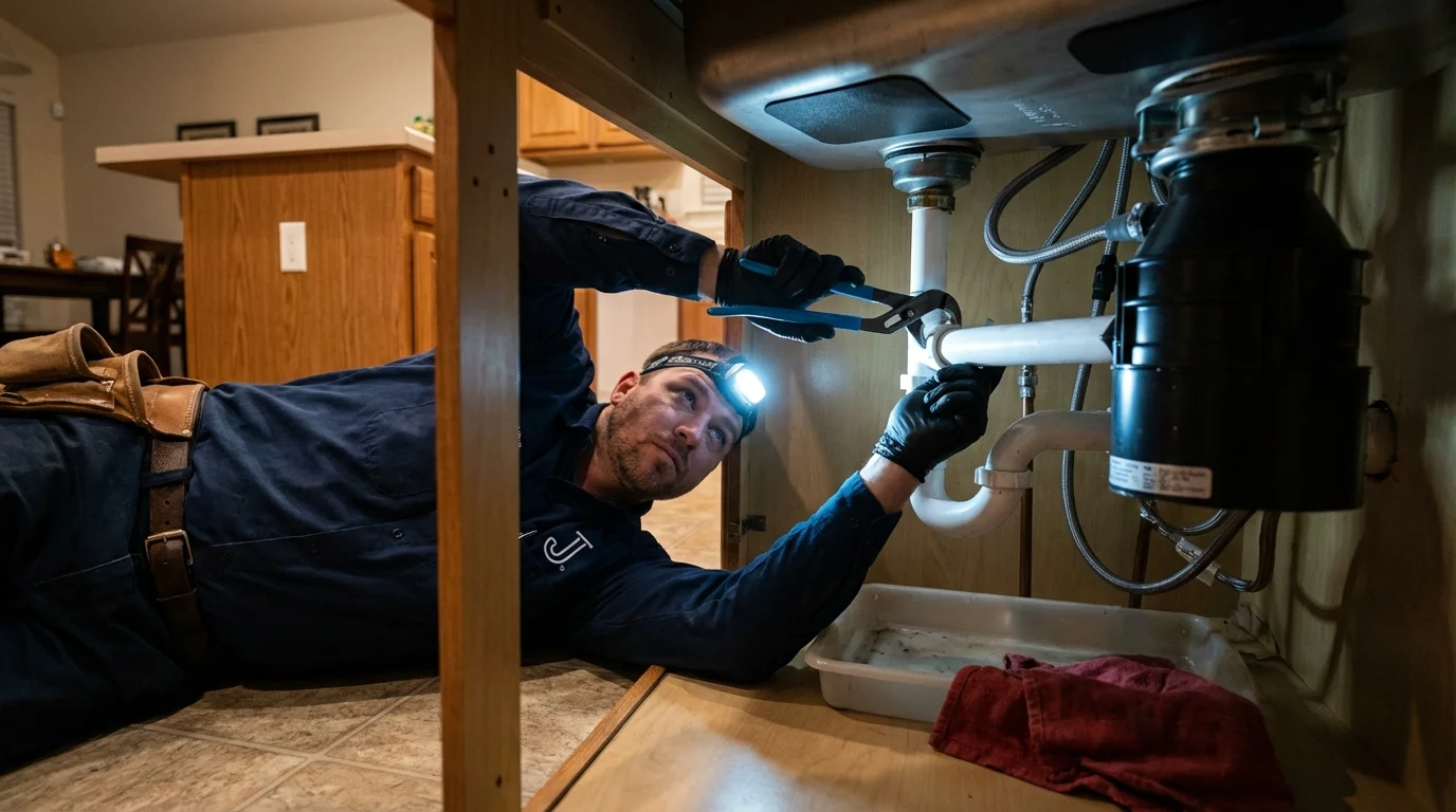 P-trap and supply line connections under a kitchen sink showing a common leak point in Independence, OH